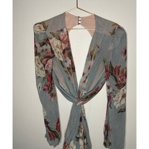 PatBo Peony Print Cutout Midi Crepe Long Sleeve Blue Pink Dress US Size 12 - Picture 9 of 16